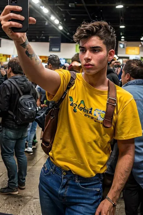 hyper realistic candid photo of a 24yo male, South American, average, convention, analog style, masterpiece, angry, short hair, jeans, selfie