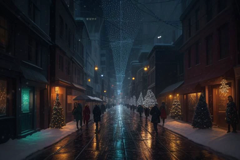 (best quality), a futuristic street in the darkness, millions of bright snowflakes pouring down like rain illuminate the scene, masterpiece, christmas, beautiful, real life, merry christmas