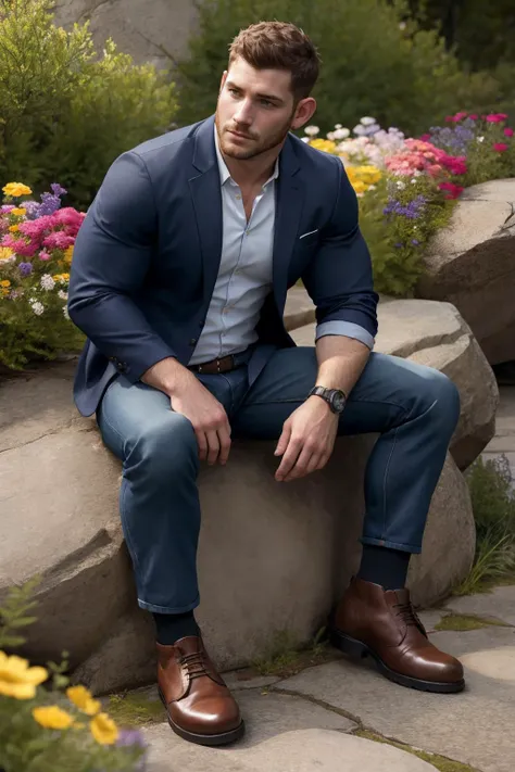 chris redfield as a handsome daddy executives,undercut,mature,navy blazer,denim pants,brown shoes,black socks.thoughtful look,sitting on the rock,flowers,outdoors,