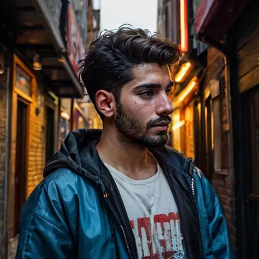hyper realistic candid photo of a 24yo male, Middle Eastern, redneck, art gallery, analog style, masterpiece, heartbroken, short hair, rain jacket, straight-on