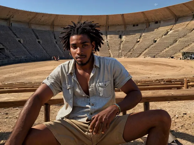 hyper realistic candid photo of a 24yo male, Aboriginal African, redneck, amphitheater, analog style, masterpiece, flirting, short hair, linen shirt, sideways