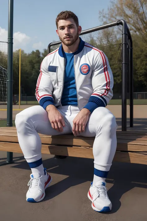 full body portrait,chris redfield sitting,short hair,baseball jacket,white shirt,tight pants,white socks,sports footwears,[short beard],outdoors,playground, <lora:add_detail:0.35>