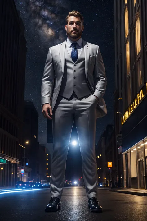 masterpiece, best quality,
a handsome executives from wall street,short beard,
standing in front of the crossroads,night,milky way,Dramatic lighting from distant stars illuminates the scene,
silver business suit,
full body,shot from below, <lora:add_detail:0.5>