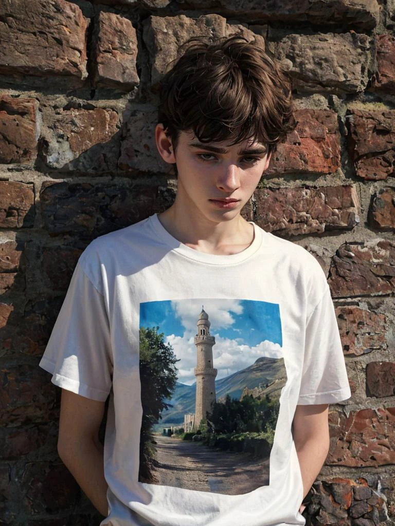 hyper realistic candid photo of a 24yo male, Scots, slender, minaret, analog style, masterpiece, depressed, short hair, graphic college art T-shirt, sideways