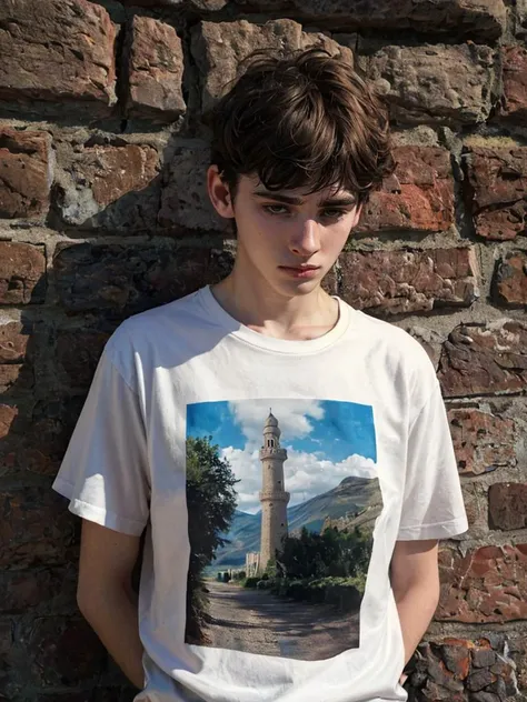 hyper realistic candid photo of a 24yo male, Scots, slender, minaret, analog style, masterpiece, depressed, short hair, graphic college art T-shirt, sideways