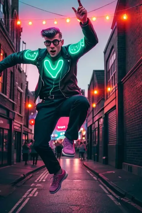 ultra vintage action shot of a vintage thief adult boyfriend with buzzed_hair jumping in the air while shooting at viewer in hyper vintage London, neon sky, v-ray, 8k, Style-EMCG