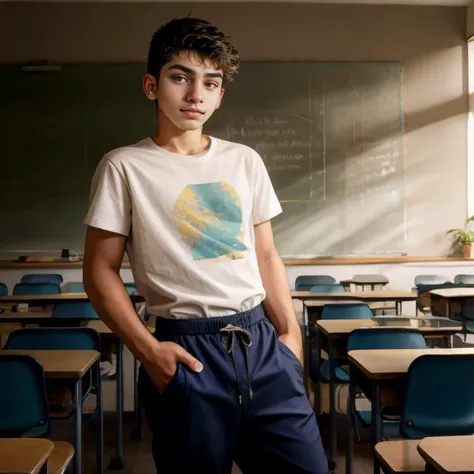 Candid photo of dg_Luis, 18yo boy, (short hair), skin imperfections, expressive, chill atmosphere, <lora:dg_Luis_v1:0.8>, 
portrait, analog style, masterpiece, short hair, casual, sharp detailed background, 
classroom, shirt, pants,