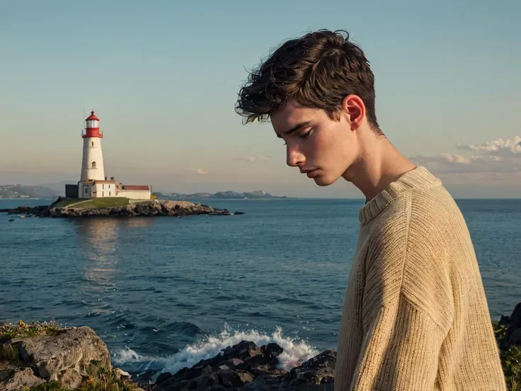 hyper realistic candid photo of a 24yo male, South American, slender, lighthouse, analog style, masterpiece, sad, short hair, sweater, from side