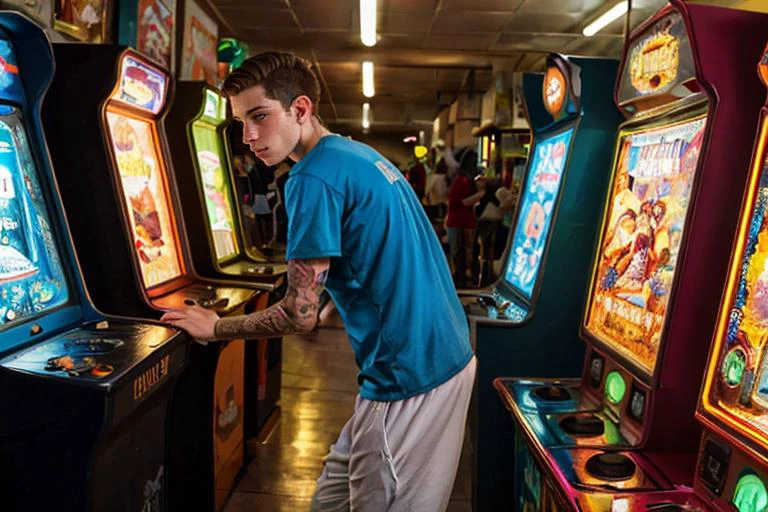 hyper realistic candid photo of a 24yo male, Caribbean, slender, arcade, analog style, masterpiece, insane, short hair, joggers, from side