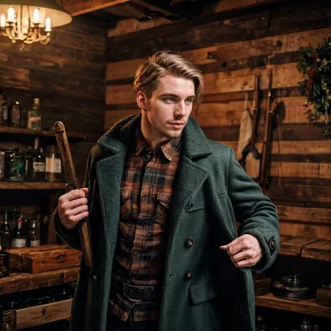 hyper realistic candid photo of a 24yo male, Scandinavian, redneck, armory, analog style, masterpiece, sarcastic, short hair, pea coat, sideways