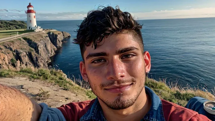 hyper realistic candid photo of a 24yo male, Peruvian, redneck, lighthouse, analog style, masterpiece, in love, short hair, jeans, selfie