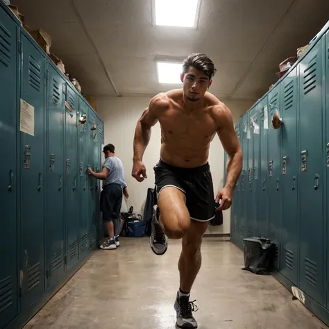 hyper realistic candid photo of a 24yo male, Native Americans, redneck, locker room, analog style, masterpiece, stoic, short hair, running tights, from below