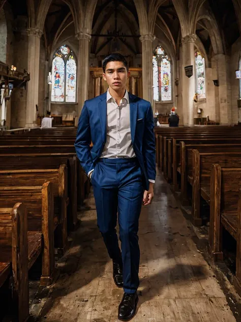 hyper realistic candid photo of a 24yo male, Pacific islander, redneck, church, analog style, masterpiece, drained, short hair, suit pants, sideways