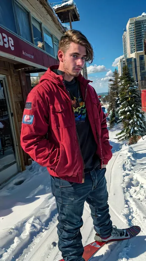 hyper realistic candid photo of a 24yo male, Caribbean, redneck, skyscraper, analog style, masterpiece, heartbroken, short hair, snowboard jacket, dutch angle