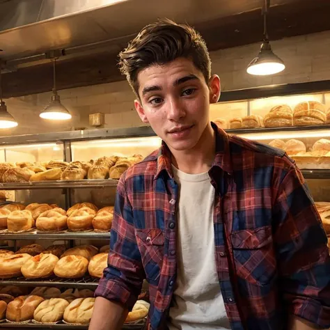 hyper realistic candid photo of a 24yo male, Peruvian, slender, bakery, analog style, masterpiece, silly, short hair, flannel shirt, dutch angle