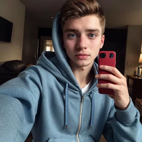 hyper realistic candid photo of a 24yo male, British, average, skyscraper, analog style, masterpiece, sarcastic, short hair, zip-up hoodie, selfie