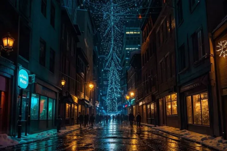 (best quality), a futuristic street in the darkness, millions of bright snowflakes pouring down like rain illuminate the scene, masterpiece, christmas, beautiful, real life, merry christmas, Style-EMCG