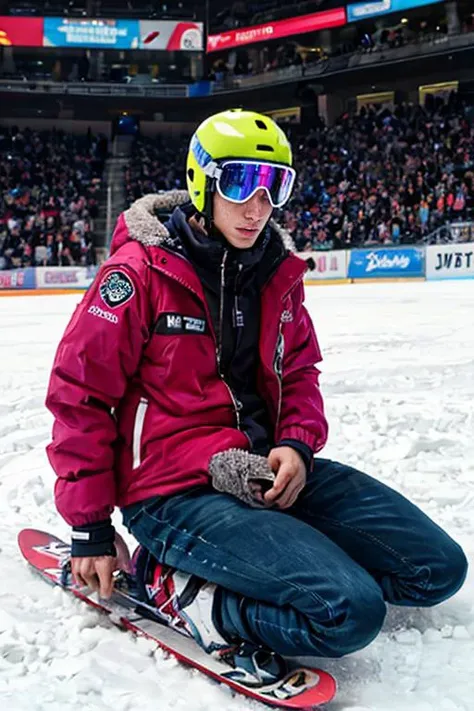 hyper realistic candid photo of a 24yo male, Jewish, slender, arena, analog style, masterpiece, praying, short hair, snowboard jacket, sideways