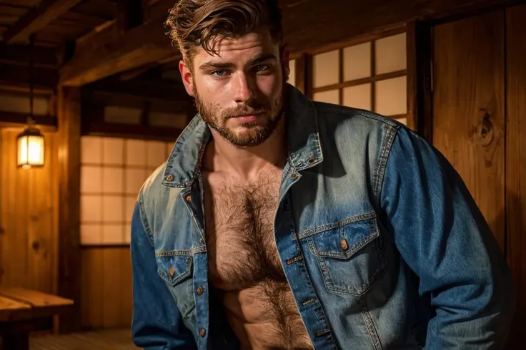 hyper realistic candid photo of a 24yo redneck male, average, (looking at camera:1.3), onsen, analog style, masterpiece, pubic hair, optimistic, short hair, slightly hairy chest, denim jacket, from side