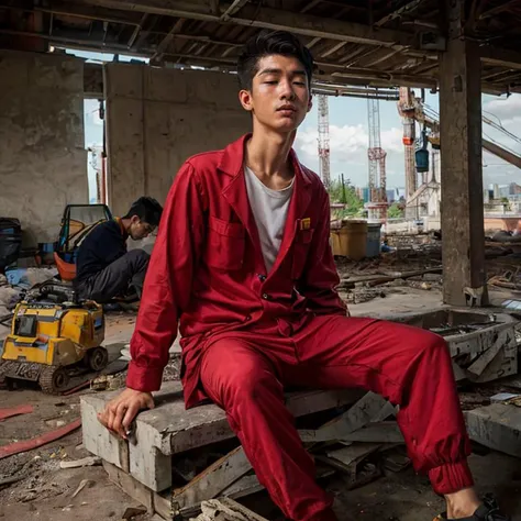 hyper realistic candid photo of a 24yo male, Vietnamese, slender, construction site, analog style, masterpiece, exhausted, short hair, leisure suit, straight-on