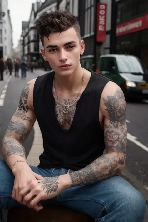 (front view), hyperrealistic, (masterpiece), high details, ultra-realistic, (a slim 30yo man), shaved, sitting, legs apart, chav, pants, looking at viewer, octan light, 32k, close, blurry background, london street, tattoo