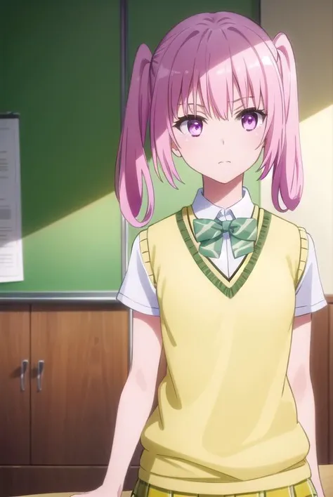 nanadeviluke, <lora:nana deviluke darkness-lora-nochekaiser:1>,
nana asta deviluke, fang, long hair, (pink eyes:1.5), pink hair, tail, twintails, (flat chest:1.2),
BREAK green skirt, plaid, plaid skirt, sainan high school uniform, school uniform, skirt, shirt, white shirt, sweater vest, (yellow sweater vest:1.5), short sleeves,
BREAK indoors, classroom,
BREAK looking at viewer, (cowboy shot:1.5),
BREAK <lyco:GoodHands-beta2:1>, (masterpiece:1.2), best quality, high resolution, unity 8k wallpaper, (illustration:0.8), (beautiful detailed eyes:1.6), extremely detailed face, perfect lighting, extremely detailed CG, (perfect hands, perfect anatomy),