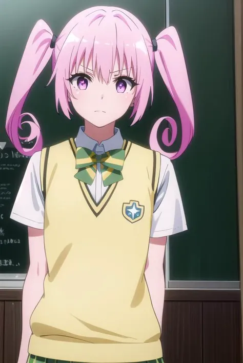 nanadeviluke, <lora:nana deviluke darkness-lora-nochekaiser:1>,
nana asta deviluke, fang, long hair, (pink eyes:1.5), pink hair, tail, twintails, (flat chest:1.2),
BREAK green skirt, plaid, plaid skirt, sainan high school uniform, school uniform, skirt, shirt, white shirt, sweater vest, (yellow sweater vest:1.5), short sleeves,
BREAK indoors, classroom,
BREAK looking at viewer, (cowboy shot:1.5),
BREAK <lyco:GoodHands-beta2:1>, (masterpiece:1.2), best quality, high resolution, unity 8k wallpaper, (illustration:0.8), (beautiful detailed eyes:1.6), extremely detailed face, perfect lighting, extremely detailed CG, (perfect hands, perfect anatomy),