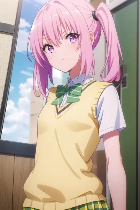 nanadeviluke, <lora:nana deviluke darkness-lora-nochekaiser:1>,
nana asta deviluke, fang, long hair, (pink eyes:1.5), pink hair, tail, twintails, (flat chest:1.2),
BREAK green skirt, plaid, plaid skirt, sainan high school uniform, school uniform, skirt, shirt, white shirt, sweater vest, (yellow sweater vest:1.5), short sleeves,
BREAK indoors, classroom,
BREAK looking at viewer, (cowboy shot:1.5),
BREAK <lyco:GoodHands-beta2:1>, (masterpiece:1.2), best quality, high resolution, unity 8k wallpaper, (illustration:0.8), (beautiful detailed eyes:1.6), extremely detailed face, perfect lighting, extremely detailed CG, (perfect hands, perfect anatomy),