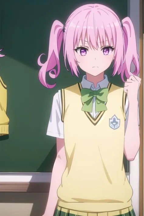 nanadeviluke, <lora:nana deviluke darkness-lora-nochekaiser:1>,
nana asta deviluke, fang, long hair, (pink eyes:1.5), pink hair, tail, twintails, (flat chest:1.2),
BREAK green skirt, plaid, plaid skirt, sainan high school uniform, school uniform, skirt, shirt, white shirt, sweater vest, (yellow sweater vest:1.5), short sleeves,
BREAK indoors, classroom,
BREAK looking at viewer, (cowboy shot:1.5),
BREAK <lyco:GoodHands-beta2:1>, (masterpiece:1.2), best quality, high resolution, unity 8k wallpaper, (illustration:0.8), (beautiful detailed eyes:1.6), extremely detailed face, perfect lighting, extremely detailed CG, (perfect hands, perfect anatomy),