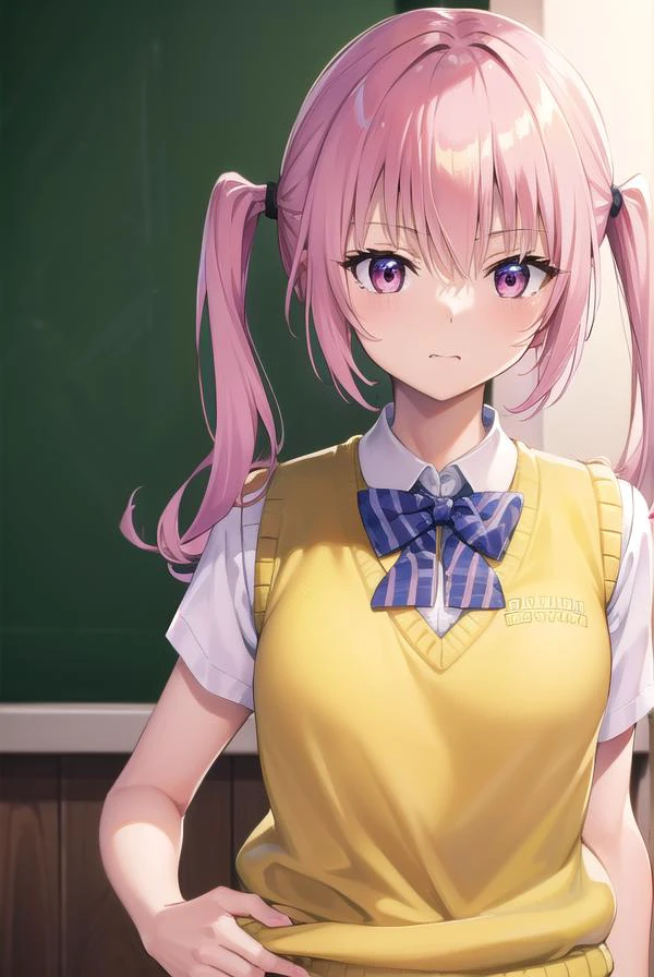 nanadeviluke, <lora:nanaastadeviluke-lora-nochekaiser:1>,
nana asta deviluke, fang, long hair, (pink eyes:1.5), pink hair, tail, twintails, (flat chest:1.2),
BREAK green skirt, plaid, plaid skirt, sainan high school uniform, school uniform, skirt, shirt, white shirt, sweater vest, (yellow sweater vest:1.5), short sleeves,
BREAK indoors, classroom,
BREAK looking at viewer, (cowboy shot:1.5),
BREAK <lyco:GoodHands-beta2:1>, (masterpiece:1.2), best quality, high resolution, unity 8k wallpaper, (illustration:0.8), (beautiful detailed eyes:1.6), extremely detailed face, perfect lighting, extremely detailed CG, (perfect hands, perfect anatomy),