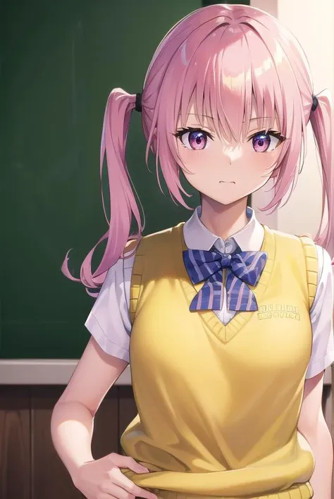 nanadeviluke, <lora:nanaastadeviluke-lora-nochekaiser:1>,
nana asta deviluke, fang, long hair, (pink eyes:1.5), pink hair, tail, twintails, (flat chest:1.2),
BREAK green skirt, plaid, plaid skirt, sainan high school uniform, school uniform, skirt, shirt, white shirt, sweater vest, (yellow sweater vest:1.5), short sleeves,
BREAK indoors, classroom,
BREAK looking at viewer, (cowboy shot:1.5),
BREAK <lyco:GoodHands-beta2:1>, (masterpiece:1.2), best quality, high resolution, unity 8k wallpaper, (illustration:0.8), (beautiful detailed eyes:1.6), extremely detailed face, perfect lighting, extremely detailed CG, (perfect hands, perfect anatomy),