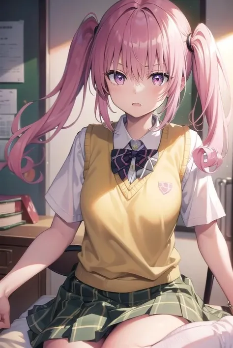 nanadeviluke, <lora:nanadeviluketest:1>,
nana asta deviluke, fang, long hair, (pink eyes:1.5), pink hair, tail, twintails, (flat chest:1.2),
BREAK green skirt, plaid, plaid skirt, sainan high school uniform, school uniform, skirt, shirt, white shirt, sweater vest, (yellow sweater vest:1.5), short sleeves,
BREAK looking at viewer,
BREAK indoors, classroom,
BREAK <lora:GoodHands-vanilla:1>, (masterpiece:1.2), best quality, high resolution, unity 8k wallpaper, (illustration:0.8), (beautiful detailed eyes:1.6), extremely detailed face, perfect lighting, extremely detailed CG, (perfect hands, perfect anatomy),