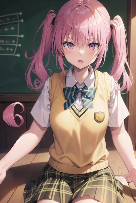 nanadeviluke, <lora:nanadeviluketest:1>,
nana asta deviluke, fang, long hair, (pink eyes:1.5), pink hair, tail, twintails, (flat chest:1.2),
BREAK green skirt, plaid, plaid skirt, sainan high school uniform, school uniform, skirt, shirt, white shirt, sweater vest, (yellow sweater vest:1.5), short sleeves,
BREAK looking at viewer,
BREAK indoors, classroom,
BREAK <lora:GoodHands-vanilla:1>, (masterpiece:1.2), best quality, high resolution, unity 8k wallpaper, (illustration:0.8), (beautiful detailed eyes:1.6), extremely detailed face, perfect lighting, extremely detailed CG, (perfect hands, perfect anatomy),