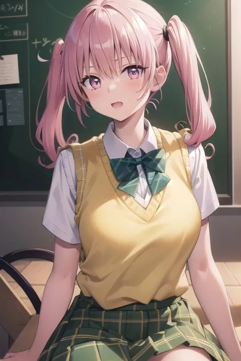 nanadeviluke, <lora:nanadeviluketest:1>,
nana asta deviluke, fang, long hair, (pink eyes:1.5), pink hair, tail, twintails, (flat chest:1.2),
BREAK green skirt, plaid, plaid skirt, sainan high school uniform, school uniform, skirt, shirt, white shirt, sweater vest, (yellow sweater vest:1.5), short sleeves,
BREAK looking at viewer,
BREAK indoors, classroom,
BREAK <lora:GoodHands-vanilla:1>, (masterpiece:1.2), best quality, high resolution, unity 8k wallpaper, (illustration:0.8), (beautiful detailed eyes:1.6), extremely detailed face, perfect lighting, extremely detailed CG, (perfect hands, perfect anatomy),