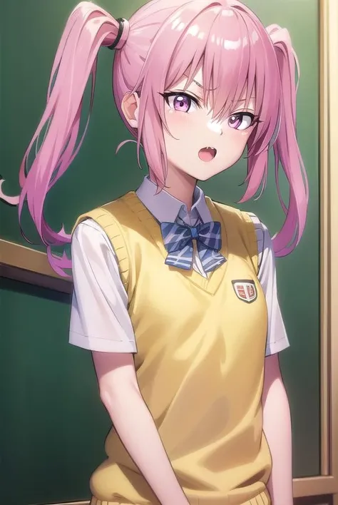 nanadeviluke, <lora:nanaastadeviluke-lora-nochekaiser:1>,
nana asta deviluke, fang, long hair, (pink eyes:1.5), pink hair, tail, twintails, (flat chest:1.2), <lora:gekioko_v200:0.8>, angry, open mouth,
BREAK green skirt, plaid, plaid skirt, sainan high school uniform, school uniform, skirt, shirt, white shirt, sweater vest, (yellow sweater vest:1.5), short sleeves,
BREAK indoors, classroom,
BREAK looking at viewer, (cowboy shot:1.5),
BREAK <lyco:GoodHands-beta2:1>, (masterpiece:1.2), best quality, high resolution, unity 8k wallpaper, (illustration:0.8), (beautiful detailed eyes:1.6), extremely detailed face, perfect lighting, extremely detailed CG, (perfect hands, perfect anatomy),