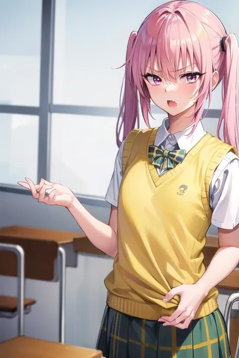 nanadeviluke, <lora:nanaastadeviluke-lora-nochekaiser:1>,
nana asta deviluke, fang, long hair, (pink eyes:1.5), pink hair, tail, twintails, (flat chest:1.2), <lora:gekioko_v200:0.8>, angry, open mouth, <lora:yudedako_v100:0.8>,
BREAK green skirt, plaid, plaid skirt, sainan high school uniform, school uniform, skirt, shirt, white shirt, sweater vest, (yellow sweater vest:1.5), short sleeves,
BREAK indoors, classroom,
BREAK looking at viewer, (cowboy shot:1.5),
BREAK <lyco:GoodHands-beta2:1>, (masterpiece:1.2), best quality, high resolution, unity 8k wallpaper, (illustration:0.8), (beautiful detailed eyes:1.6), extremely detailed face, perfect lighting, extremely detailed CG, (perfect hands, perfect anatomy),