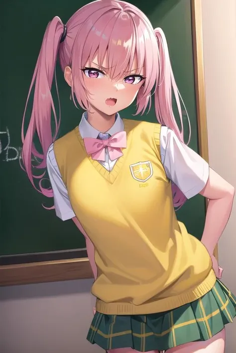 nana devilke, Nana That Devilke, teeth, long hair, (pink eyes:1.5), pink hair, tail, twintails, (flat chest:1.2), sweat(sweat white breath:1.5), 壊す green skirt, Plaid, Plaid skirt, sainan high school uniform, school uniform, skirt, shirt, white shirt, sweater vest, (yellow sweater vest:1.5), short sleeve, shirt lift, destroy indoors, classroom, vaginal,sex,nsfw,1boy,pennis break (masterpiece:1.2), highest quality, High resolution, unity 8k wallpaper, (shape:0.8), (beautiful detailed eyes:1.6), extremely detailed face, perfect lighting, extremely detailed CG, (perfect hands, perfect anatomy),