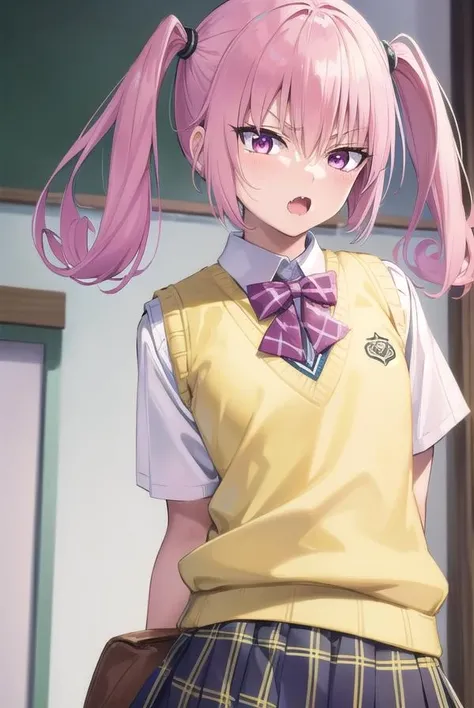 nanadeviluke, <lora:nanadeviluketest:1>,
nana asta deviluke, fang, long hair, (pink eyes:1.5), pink hair, tail, twintails, (flat chest:1.2),
BREAK green skirt, plaid, plaid skirt, sainan high school uniform, school uniform, skirt, shirt, white shirt, sweater vest, (yellow sweater vest:1.5), short sleeves,
BREAK looking at viewer,
BREAK indoors, classroom,
BREAK <lora:GoodHands-vanilla:1>, (masterpiece:1.2), best quality, high resolution, unity 8k wallpaper, (illustration:0.8), (beautiful detailed eyes:1.6), extremely detailed face, perfect lighting, extremely detailed CG, (perfect hands, perfect anatomy),