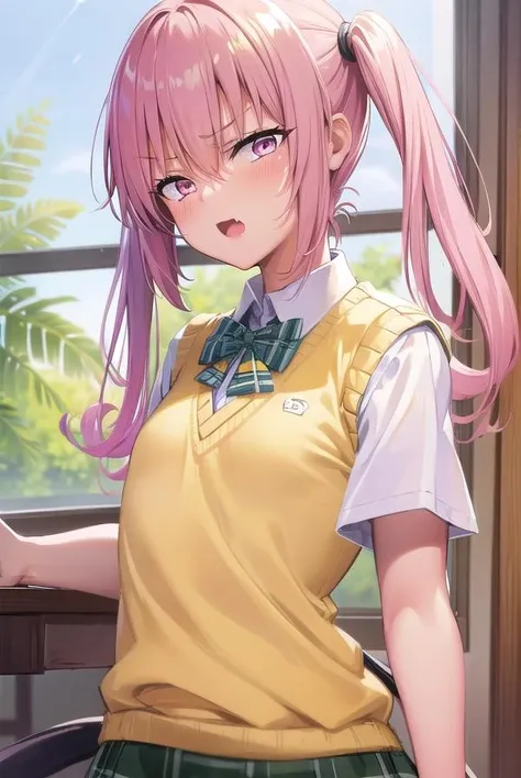 nanadeviluke, <lora:nanaastadeviluke-lora-nochekaiser:1>,
nana asta deviluke, fang, long hair, (pink eyes:1.5), pink hair, tail, twintails, (flat chest:1.2), <lora:gekioko_v200:0.8>, angry, open mouth, <lora:yudedako_v100:0.8>,
BREAK green skirt, plaid, plaid skirt, sainan high school uniform, school uniform, skirt, shirt, white shirt, sweater vest, (yellow sweater vest:1.5), short sleeves,
BREAK indoors, classroom,
BREAK looking at viewer, (cowboy shot:1.5),
BREAK <lyco:GoodHands-beta2:1>, (masterpiece:1.2), best quality, high resolution, unity 8k wallpaper, (illustration:0.8), (beautiful detailed eyes:1.6), extremely detailed face, perfect lighting, extremely detailed CG, (perfect hands, perfect anatomy),