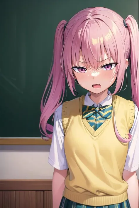 nanadeviluke, <lora:nanaastadeviluke-lora-nochekaiser:1>,
nana asta deviluke, fang, long hair, (pink eyes:1.5), pink hair, tail, twintails, (flat chest:1.2), <lora:gekioko_v200:0.8>, angry, open mouth, <lora:yudedako_v100:0.8>,
BREAK green skirt, plaid, plaid skirt, sainan high school uniform, school uniform, skirt, shirt, white shirt, sweater vest, (yellow sweater vest:1.5), short sleeves,
BREAK indoors, classroom,
BREAK looking at viewer, (cowboy shot:1.5),
BREAK <lyco:GoodHands-beta2:1>, (masterpiece:1.2), best quality, high resolution, unity 8k wallpaper, (illustration:0.8), (beautiful detailed eyes:1.6), extremely detailed face, perfect lighting, extremely detailed CG, (perfect hands, perfect anatomy),
