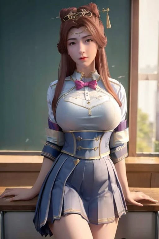 <lora:SuLingyun_v1:0.6>,masterpiece, best quality, (schooluniform:1.3), skirt, lingyun, 1girl, brown hair, large breasts, slim waist, classroom