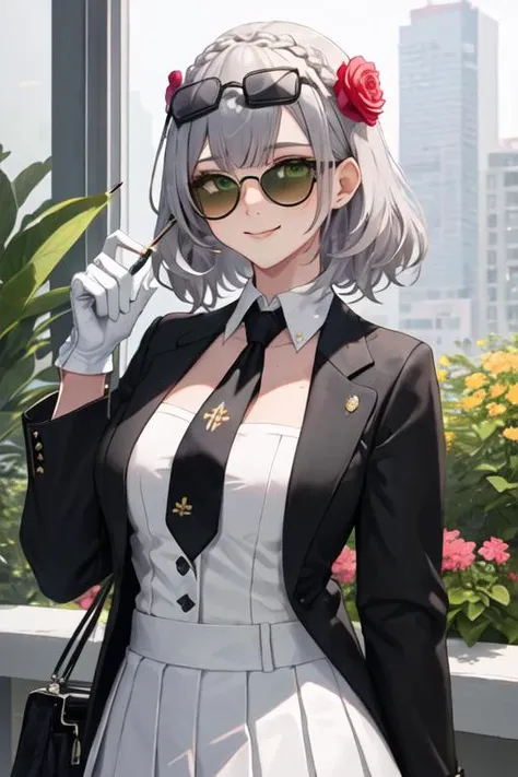 masterpiece, best quality, solo, (upper body:1.1), medium breasts, 1girl, solo, (ruffling hair, messy hair:1.1), medium hair, white hair, best quality, ultra detailed, 1girl, solo, medium hair, blunt bangs, does not look at the viewer, round sunglasses, white shirt, long sleeve, tie, tight black pants, long black gloves, beautiful skin, dramatic lighting, high quality,  perfectionism, shiny skin, black coat drooping, full body, both eyes covered, ((perfect hand: 1.2)), earrings, beautiful lips, cute face, sexy, posing, cute nose, sitting in a chair, looking at the viewer, bar background, night