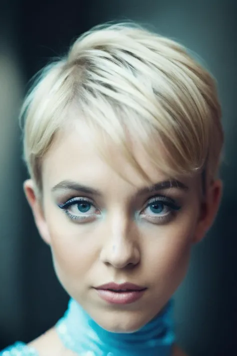 photoshoot of sds, (blonde hair), (pixie cut), , detailed skin texture, (blush:0.2), (goosebumps:0.3), (light blue dress), subsurface scattering, Photorealistic, Hyperrealistic, Hyperdetailed, analog style, hip cocked, demure, detailed skin, matte skin, soft lighting, subsurface scattering, realistic, heavy shadow, masterpiece, best quality, ultra realistic, 8k, golden ratio, Intricate, High Detail, film photography, soft focus, <lyco:SydneySweeney-RealVision-V1.0:1.0>