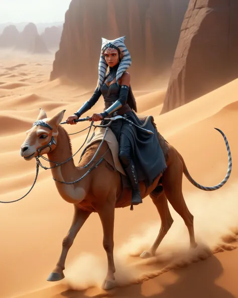 a girl ahsoka riding a camel through the desert, cartoonish, 3d style, pixar rendering, cartoon style,  3d style,  doll style, Pixar rendering,  funny, professional, 4k, (highly detailed), dynamic fighting pose,,natural pose, raw, 32k uhd, dslr <lora:sdxl_lora_dream:0.85> ,  <lora:sdxl_lora_ahsoka:0.9>