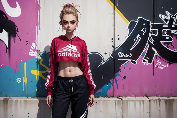 <lora:Cara Delevingne:1> Cara Delevingne, 1girl, crop top, addidas, logo, brand, sneakers, baggy pants, (grafitti:1.2)