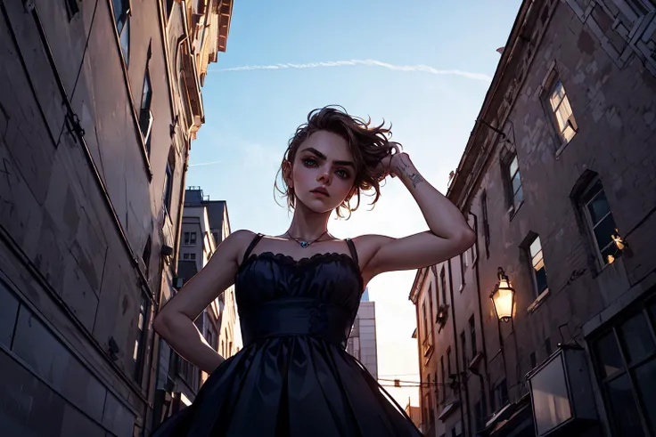 <lora:Cara Delevingne:1> Cara Delevingne, 1girl, from below, dress, cityscape, sky, foreshortening