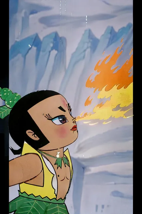 <lora:xiaojingang:0.8>,1boy,yellow calabash hair ornament,green leaf necklace,spew out flame