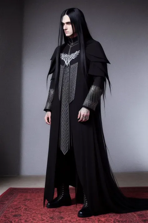 highest quality, 4k, sharp focus, masterpiece, EMB_fshnsta-13000, long straight black haired man wearing black metal outfit