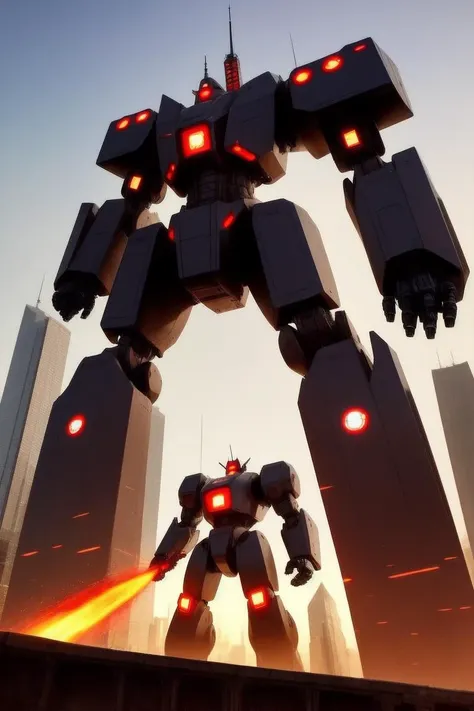 highest quality, masterpiece, EMB_fshnsta-13000, The Iron Colossus: A giant mechanical robot towers over the city, its gleaming metal exterior reflecting the chaos below. Built for destruction, the robot is equipped with an arsenal of weapons and advanced technology. It moves with a grace that belies its massive size, crushing anything in its path as it carries out its mission. Despite its overwhelming power, the robot is not without a sense of purpose, driven by a mysterious agenda known only to its creators. As it faces its greatest challenge yet, the Iron Colossus must navigate the complexities of human emotion and morality, while facing off against those who would stand in its way.