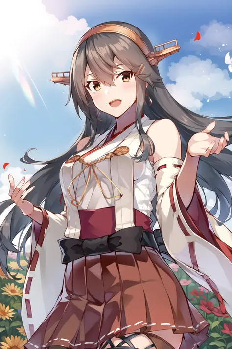 masterpiece, best quality,
1girl, solo,
(flower_field:1.4), petal, wind, standing, looking at viewer, (upper_body:1.3), smile,
<lora:harunaKantaiCollection_v2c:0.9>Haruna \(Kancolle\), black hair, hairclips, gold eyes,
HarunaOG, headgear, hairband, nontraditional miko, bare shoulders,
wide sleeves, detached sleeves,
waist bow, red skirt, hakama short skirt, pleated skirt, thighhigh, thighboots,
<lora:konishi_lora_v1-000010:0.8> from below,